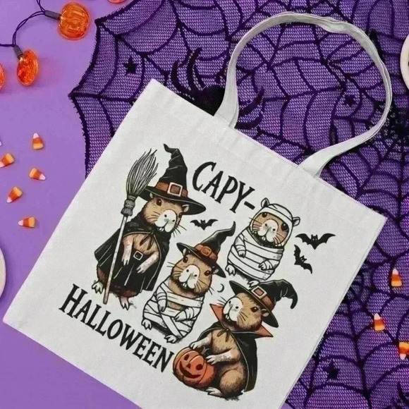 Spooky Cappy Capybara Halloween Canvas Tote Bag - Trick or Treat Bag - Picture 2 of 3